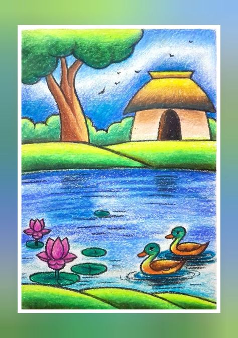 Senary Drawing Kids, Easy Senary Drawings, Crayon Doodles Drawings, Pencil Sketches For Beginners Landscape, Pencil Crayon Drawing Ideas, Landscape Paintings For Kids, Scenery For Kids, Landscape Drawing For Kids, Kids Art Journal