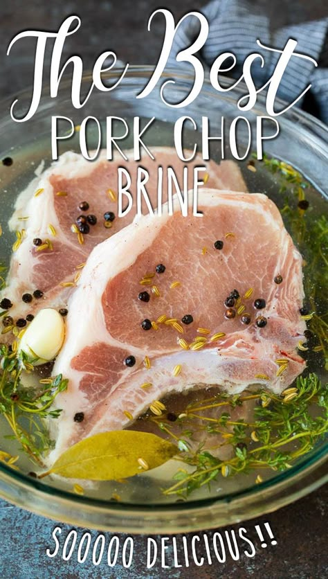 This pork chop brine is a blend of salt, sugar, herbs and spices that infuses the meat with flavor and helps to keep it tender and juicy. Tenderizing Pork Chops, Pork Chop Tenderizer, Brine Recipes, Brine Recipe For Pork, Cured Pork Chops, Pork Chops Marinade, Pork Tenderloin Brine Recipes, Brined Pork Chops Recipes, Pork Chop Injection Recipes