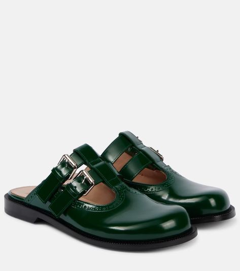 Campo brushed leather mules in green - Loewe | Mytheresa Loewe Shoes, Paris May, Sterling Silver Drop Earrings, Green Item, Evening Shoes, West End, Leather Mules, Silver Drop Earrings, Shoe Game