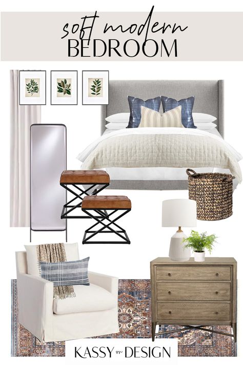 Guest Room With Grey Headboard, Light Grey Bed Frame Bedroom Designs, Bedroom Design With Gray Headboard, Blue Grey Neutral Bedroom, Gray Headboard Blue Bedding, Grey Bed Wood Furniture, Light Gray Upholstered Headboard Bedroom Ideas, Bedroom Decor With Gray Bed Frame, Modern Bedroom With Grey Bed