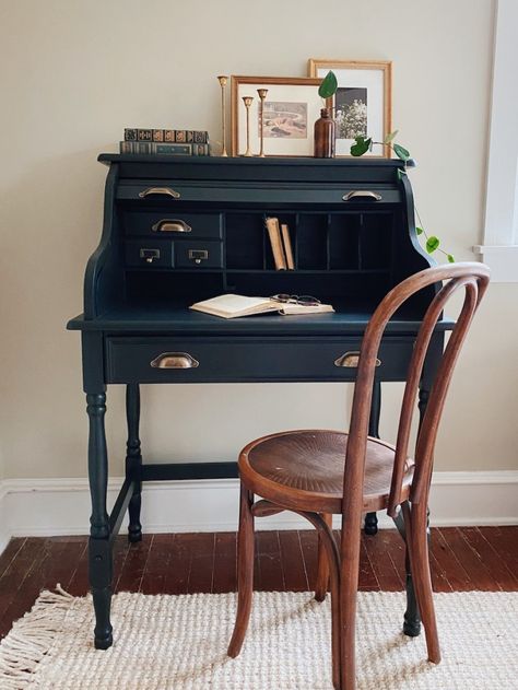 Secretary Desk Chair, Decorate A Secretary Desk, Antique Wooden Desk Makeover, Vintage Secretary Desk Home Office, Roll Top Desk Styling, Vintage Rolltop Desk, Roll Out Desk, Secretary Desk Make Over, Vintage Desk Makeover Painted Furniture