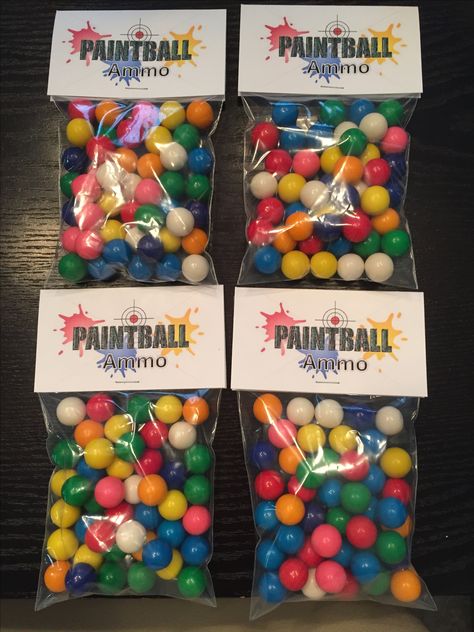 Made these paintball party favors. So cute! #Gumballs #Paintball #favorbags Paintball Party Favors, Paintball Party Ideas, Splatoon Birthday Party, Paintball Cake, Splatoon Birthday, Splatoon Party, Paintball Birthday Party, Paintball Birthday, Paintball Party