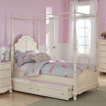 The Cinderella Collection is your little girl�s dream. The Victorian styling incorporates floral motif hardware, antique ecru finish and traditional carving details that will create the feeling of a room worth of a fairy tale princess. A canopy bed completes the fantasy of this whimsical... Girls Trundle Bed, Full Size Canopy Bed, Full Canopy Bed, Canopy Bedroom Sets, Twin Canopy Bed, Girls Bed Canopy, Wood Canopy Bed, Rooms Decoration, Canopy Bedroom