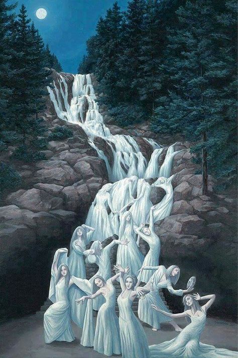 A waterfall that turns into white women. Interesting! Robert Gonsalves, Rob Gonsalves, Optical Illusion Paintings, Illusion Paintings, Magic Realism, Optical Illusions Art, Realism Painting, Surrealism Painting, Illusion Art