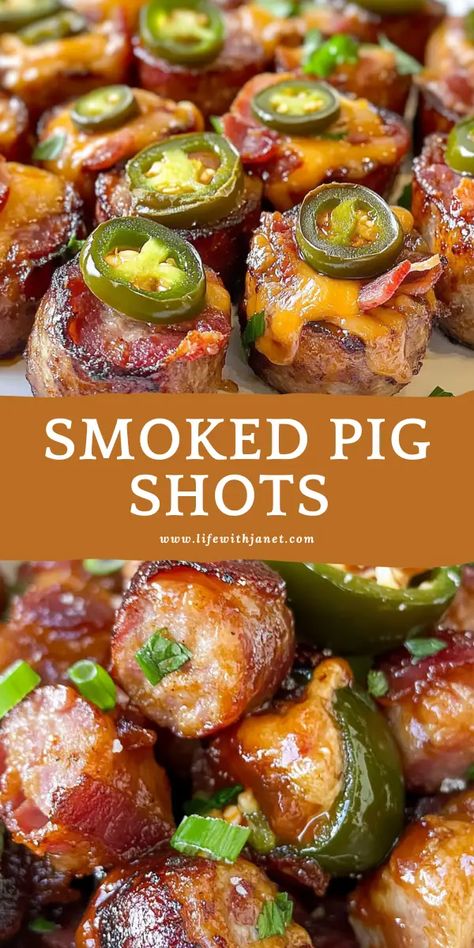 Smoked Pig Shots Smoked Pork Bites, Jalapeño Popper Pig Shots, Smoky Sausage Recipes, Smoker Party Food, Easy Food Dishes For Party, Spicy Party Food, Keto Pig Shots, Quick Smoked Meat Recipes, Pork Shots Smoker