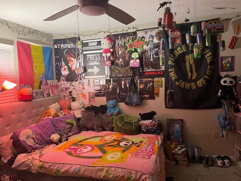 My bedroom setup as of November 28th, 2023. The shelfs that hold all my things are set up on the wall in front of my bed. I also really need to change the pride flag behind my bed Pride Flag In Room, Gorillaz Room, Pride Flag Bedroom, Flag For Room, Flag On Wall, 2000s Bedroom, Shark Bedroom, Wall Tapestry Bedroom, Grunge Bedroom