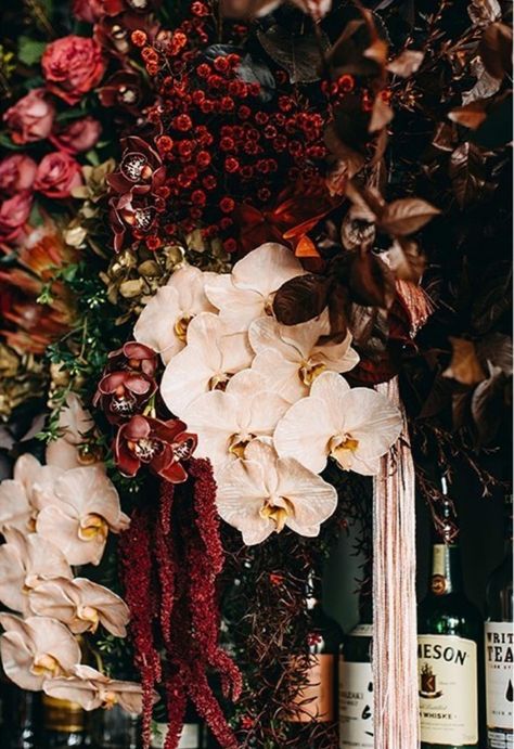 Moody Orchid Bouquet, Moody Floral Arrangements Wedding, Burgundy Orchid Wedding Bouquet, Speakeasy Flowers, Glamorous Fall Wedding, Vintage Wedding Palette, Dark And Moody Wedding Flowers, Moody Flower Arrangements, Brown Wedding Bouquet