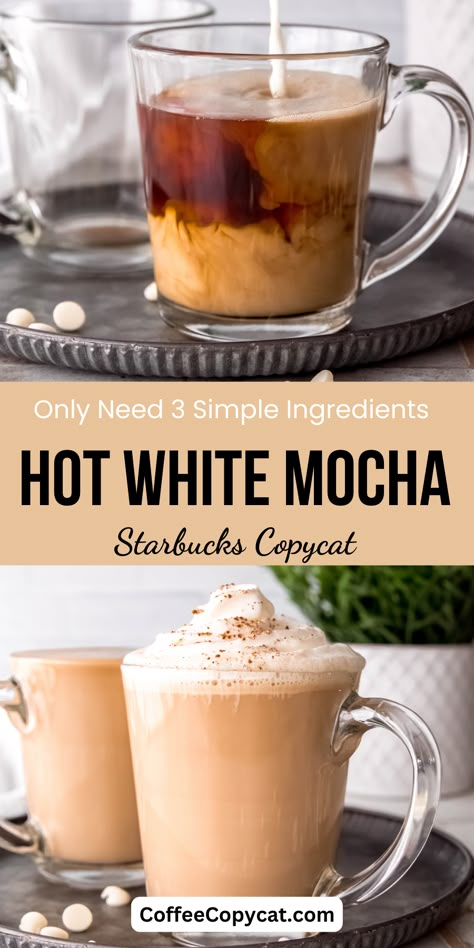 Avoid the coffee shop for another day and indulge in this decadent White Chocolate Mocha in the comfort of your own home. Enjoy the creamy sweetness of white chocolate combined with the intense flavor of espresso, and topped with frothy milk. With just 3 simple ingredients and 5 minutes of prep time this starbucks copycat white mocha is perfect for a chilly winter day or an afternoon pick-me-up. #Mocha #whitechocolatemocha #starbuckscopycat Hot White Mocha Recipe, Diy White Chocolate Mocha Starbucks, Keto White Chocolate Mocha, Hot White Mocha Starbucks, Copycat Starbucks White Chocolate Mocha, Nespresso White Chocolate Mocha, Hot White Chocolate Mocha Recipe, White Chocolate Latte Recipe, How To Make A White Chocolate Mocha