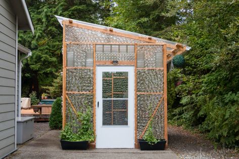 Budget Friendly Greenhouse Design – Le Jardinet Bottle Greenhouse, Building A Greenhouse, Recycled Windows, Greenhouse Design, Build A Greenhouse, Fill The Frame, Recycled Glass Bottles, Nail Polish Bottles, Rain Water Collection