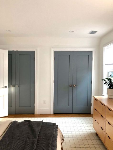 Blue Interior Doors, Closet Doors Painted, Grey Painted Kitchen, Gray Paint Colors, Painted Closet, Bedroom Closet Doors, Blue Gray Paint Colors, Painted Interior Doors, Blue Gray Paint