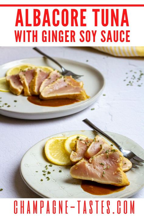 This easy seared albacore tuna is seasoned with sesame seeds and a ginger soy sauce marinade. This extra-quick main course is ready in 20 minutes! Yellowfin Tuna Recipe, Seared Albacore Tuna, Albacore Tuna Recipes, Ahi Tuna Recipe, Tuna Fish Recipes, Soy Sauce Marinade, Tuna Steak Recipes, Recipe Sauce, Tuna Recipe