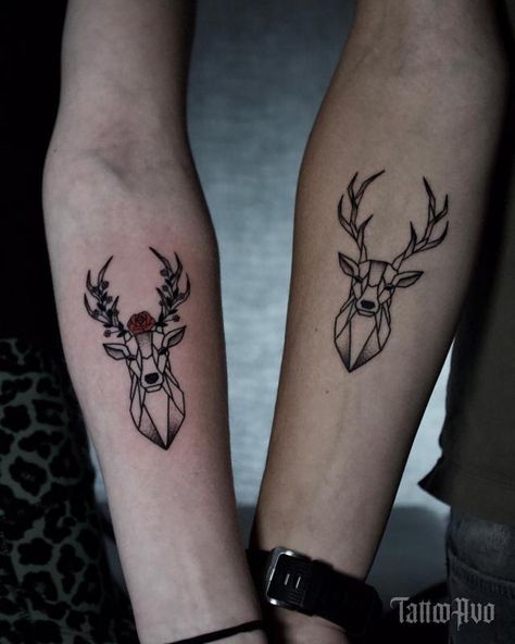 Couples Deer Tattoos, Country Couple Tattoos, Partner Tattoos, Couple Tattoos Unique Meaningful, Best Couple Tattoos, Cute Couple Tattoos, Couple Matching Tattoo, Couple Tattoos Unique, Flame Tattoos