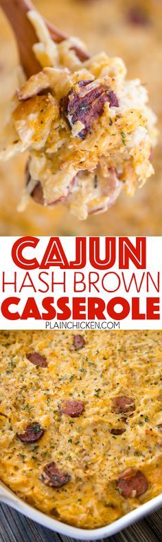 Cajun Hash Brown Casserole - cheesy hash brown casserole loaded with chicken and smoked sausage. Seriously DELICIOUS! We ate this three days in a row! OMG! Chicken, smoked sausage, cajun seasoning, cheddar cheese, hash browns, cream of chicken soup and sour cream. This is a family favorite! Makes a great freezer meal! Cajun Potato Casserole, Cajun Casserole Recipes, Casserole With Smoked Sausage, Chicken And Smoked Sausage, Omg Chicken, Cheesy Hash Brown Casserole, Comforting Food, Cheesy Hashbrown Casserole, Keto Casseroles