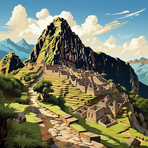 Machu Picchu Drawing, Inca Art, 3d Art Painting, Huayna Picchu, Peruvian Art, Machu Picchu Peru, Vector Cartoon, Design System, Machu Picchu