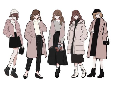 Winter Coat Illustration, Winter Coat Drawing Reference, Cute Winter Outfits Drawing, Winter Outfits Reference Drawing, Winter Outfit Illustration, Winter Coat Drawing, Anime Winter Outfit, Winter Outfit Drawing, Winter Outfits Drawing