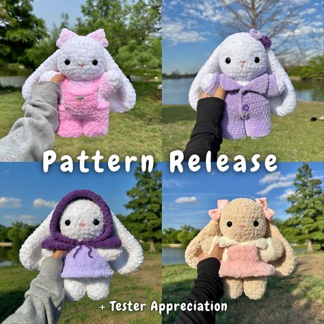 Bunny clothing patterns are now available on my Etsy! 💗🎀🌸 link in bio ☁️ big thank you to all my talented testers for helping me perfect this pattern and for creating these adorable bunnies in outfits! 💕 they’re all tagged so be sure to check them out! 🤍 tag me in your creations if you decide to purchase, I would love to see! 🫧 all your support is greatly appreciated 🫶🏻 How To Crochet Clothes For Stuffed Animals, Crochet Toothless, Adorable Bunnies, Big Bunny, Bunny Outfit, Crochet Doll Clothes, Crochet Stuff, Toothless, Crochet Bunny