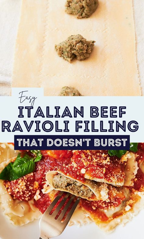 Don't be intimidated by the title! Making homemade beef ravioli is so simple once you have the right tools. Roll out some fresh ravioli dough and you'll be eating a ravioli dinner in about an hour! A classic Italian meat ravioli filling the whole family will love...or make it a ravioli party with some cheese ravioli or butternut squash ravioli! 3 Cheese Ravioli Filling, Homemade Ravioli Recipe Filling Meat, Ravioli Recipe Filling Meat, Meat Ravioli Recipe Homemade, Beef Ravioli Recipe Homemade, Chicken Ravioli Recipe Homemade, Traditional Ravioli Recipe, Ground Beef Ravioli Filling, Homemade Beef Ravioli Filling