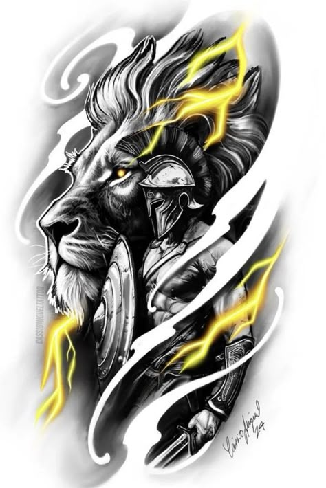 Lion And Spartan Tattoo, Warrior Lion Tattoo, Spartan Warrior Tattoo Design, Lion Warrior Tattoo, Spartan Warrior Tattoo, Warrior Tattoo Design, Tattoos Illustration, Lion Art Tattoo, Tiger Tattoo Sleeve