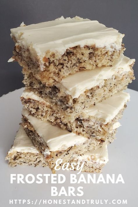 You'll love this simple recipe for frosted banana bars. It's a great change for overripe bananas instead of the usual banana bread. It's ready in well under an hour, and it makes enough dessert for a crowd. It's a delicious and unique dessert perfect for your next party. #bananas #bananabars #frosting #easyrecipes #desserts #ripebananas #notbananabread Frosted Banana Bars, Potluck Dessert, Banana Dessert Recipes, Banana Bars, Banana Dessert, Overripe Bananas, Pot Luck, Desserts For A Crowd, Cookie Bar Recipes