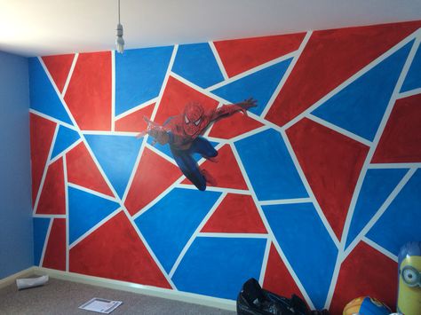 Spiderman Bedroom Ideas Diy, Spiderman Wall Painting, Red Blue Bedroom, Spider Man Bedroom Ideas, Spiderman Themed Bedroom, Spiderman Room Ideas, Spiderman Kids Room, Spiderman Room Decor, Room Paint Ideas