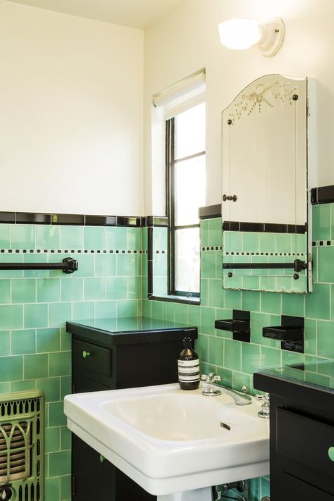 The seafoam bathroom tile is original from the 1930s. Cobalt Bathroom, Green Tile Bathroom Vintage, 1930s Bathroom Remodel, 1930’s Bathroom, Seafoam Bathroom, Retro Bathroom Tile, Vintage Green Bathroom, Vintage Tile Bathroom, 1930s Bathroom