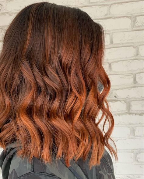 Fall Ginger Hair Ideas, Brown Hair Orange Balayage, Short Balayage Hair Copper, Ginger Hair From Brown, Ginger Hair Balayage Brown, Ref Balayage, Brunette With Ginger Balayage, Brunette Ginger Balayage Short Hair, Auburn To Copper Balayage