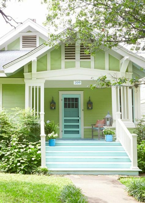 Mint Green Siding House, Light Green Cottage Exterior, Quirky Home Exterior, Bright Green House Exterior, Colorful Houses Exterior, Light Green House Exterior, Green Colored House, Pastel House Exterior, Colorful Home Exterior