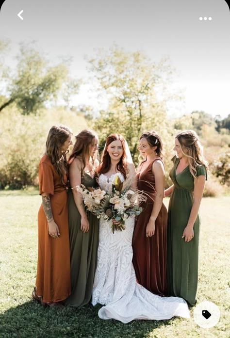 Fall Wedding Color Palette Bridesmaid Dress, Earth Tone Wedding Bridesmaid, Rust And Olive Bridesmaid Dresses, Different Color Bridesmaid Dresses Boho, Mixed Fall Color Bridesmaid Dresses, Earthy Color Bridesmaid Dresses, Fall Different Color Bridesmaid Dresses, Fall Palette Bridesmaid Dresses, Different Color And Style Bridesmaid Dresses