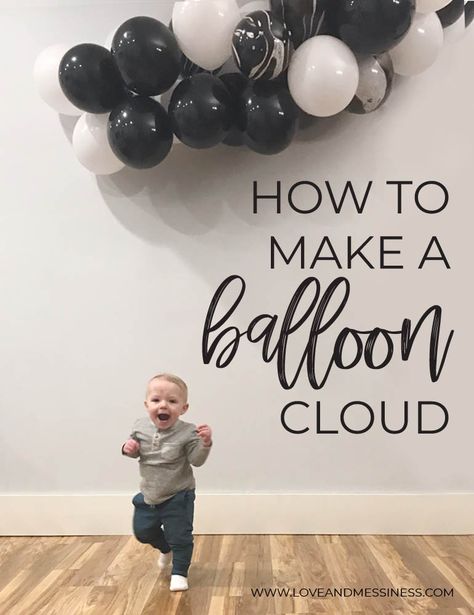 How To Make A Balloon Cloud - Love & Messiness Baloon Garland, Balloon Cloud, Marble Balloons, Black And White Balloons, Balloon Clouds, Cloud Decoration, Diy Clouds, Christmas Decorations For The Home, White Balloons