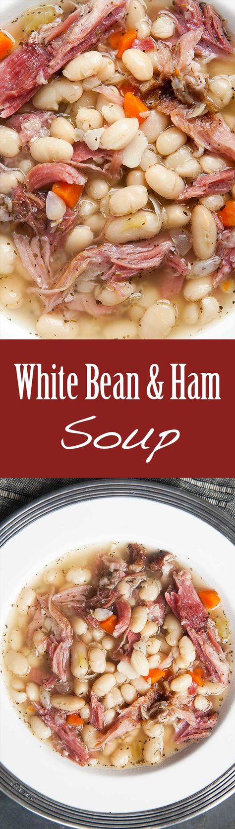 White Bean and Ham Soup ~ Hearty white bean and ham soup, perfect for cold winter days! White beans, ham shanks, onions, celery, carrots, garlic, Tabasco, and herbs. White Bean Ham Soup, White Bean And Ham Soup, White Bean And Ham, Bean And Ham Soup, White Beans And Ham, Soup Hearty, Ham And Bean, Ham Soup, Ham And Beans