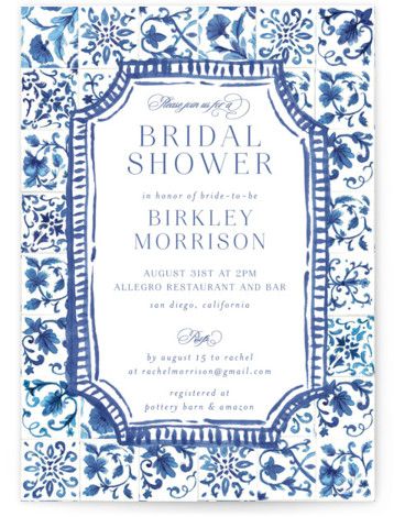 This bridal shower invitation features a hand-painted patterned border inspired by Italian tile. Summer Bridal Shower Themes, Italian Bridal Showers, Bridesmaid Luncheon, Summer Bridal Showers, Bridal Shower Inspiration, Greek Wedding, Bridal Event, Couple Shower, Bridal Shower Theme