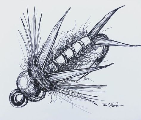 Flyfishing Art, Fly Fishing Tattoo, Hook Tattoo, Fishing Hook Tattoo, Trout Art, Fly Drawing, Fly Fishing Art, Antler Crafts, Fishing Art