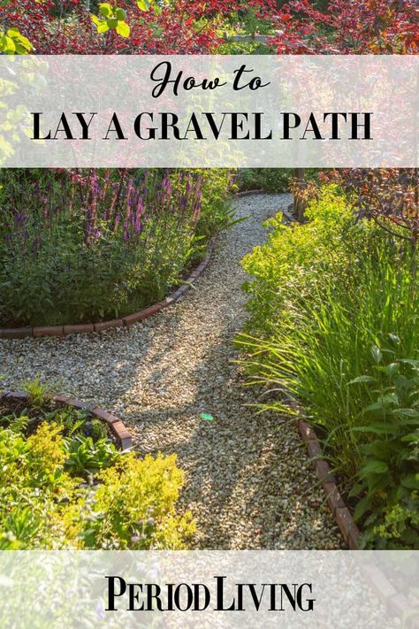 Garden Paths And Walkways Pea Gravel Brick Edging, Small Garden Paths And Walkways, Country Garden Pathway Ideas, Gravel Path With Brick Edging, Cottage Gravel Garden, Gravel Garden Edging, How To Create A Gravel Walkway, Concrete Garden Path Ideas, Garden With Gravel Path