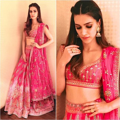 Lehenga Accessories, Lehenga Hairstyles, Hairstyles For Gowns, Saree Hairstyles, Indian Wedding Gowns, Indian Outfits Lehenga, Kriti Sanon, Pink Lehenga, Indian Wedding Wear