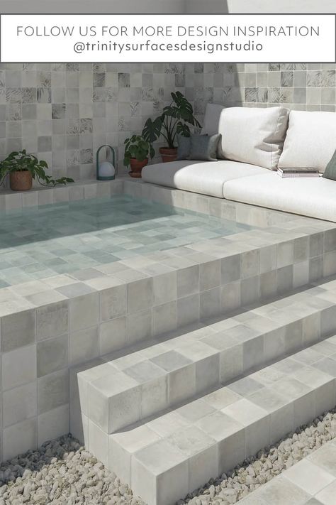 How beautiful is Aqua Collection in Gray from the Wow Wellness series😍Whether you use this designer pool tile for a part of a pool or for the entire space, it's one of the top option we recommend. Mother Of Pearl Pool Tile, Outdoor Kitchen Bars, Summer Pool, Mosaic Pool, Grey Tiles, Going Gray, Pool Decks, Pool Tile, Backyard Oasis