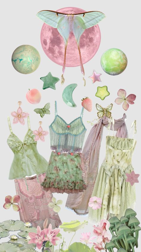 #myfirstshuffle Luna moth outfit pink and green fairy inspo collage Moth Outfit, Kida Disney, Inspo Collage, Fairycore Outfit, Cottagecore Pink, Green Fairy, Fairy Aesthetic, Concept Clothing, Outfit Pink