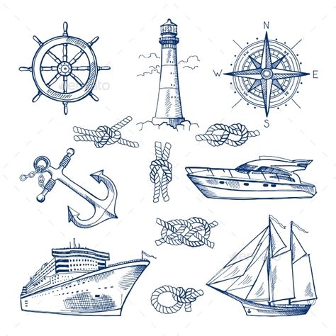 Marine Doodles Set with Ships, Boats and Nautical Items Marine Doodles, Ship Sketch, Nautical Elements, Sea Background, Boat Drawing, Hand Drawn Elements, Nautical Tattoo, Ship Drawing, Shirts Ideas