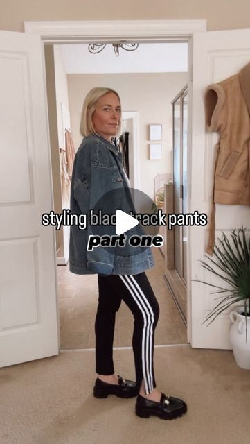 Amy Louise Baum | Elevated Casual | Style Over 40 on Instagram: "by request: styling black track pants 🖤

decided to turn this into a little series so here’s part one 🙌🏻

paired some unexpected pieces to “elevate” these track pants ~

a button down
a wrap belt
loafers
beaded bag
top it off with a denim jacket which plays into the casual vibe 

what do you think? part two coming soon✌🏻 

casual outfits | casual style | elevated casual | style over 40 | mom style | what to wear | style tips | outfit inspo | transitional style | transitional outfits | spring trends | track pants | wrap belt | adidas track pants |
—
💌 Share this with a friend. 
↘️ Save for later. 
❤️ Follow for more elevated casual outfit inspo and style tips." Adidas Track Pants Outfit, Elevated Casual Outfit, Adidas Pants Outfit, Track Pants Outfit, Transitional Outfits, Black Track Pants, Elevated Casual, Blogger Inspiration, Denim Jacket Outfit