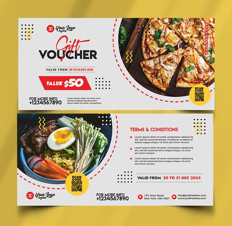 Premium Creative Food Gift Voucher Design Templates PSD - PSD Zone Food Coupon Design, Coupon Design Ideas, Voucher Design Coupon, Gift Voucher Design Templates, Voucher Card, Food Vouchers, Gift Voucher Design, Restaurant Coupons, Food Discount