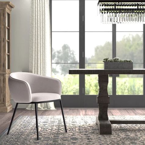 Westmore Upholstered Arm Chair Double Pedestal Dining Table, Industrial Contemporary, Grey Dining, Grey Upholstery, Solid Wood Dining Chairs, Pedestal Dining Table, Solid Wood Dining Table, Upholstered Fabric, Upholstered Arm Chair