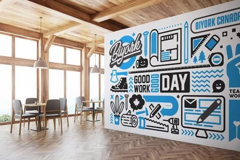 Office Wall Graphic on Behance Group Mural Ideas, Mural Office Wall, Graphic Wall Design, Office Mural Wall, Office Branding Wall, Office Mural Design, Wall Graphics Office, Office Graphic Design, Graphic Designer Office