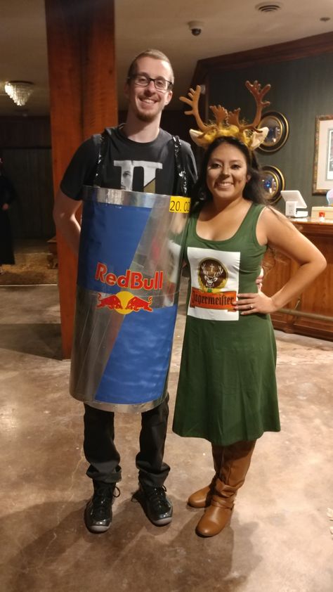 Homemade Couples Costume Jagerbomb Jagermeister Red Bull Red Bull Costume, Apres Ski Costume, Homemade Couples Costumes, Native American Halloween Costume, Themed Costumes, Girl Group Costumes, Halloween Couples, Couple Halloween Costumes For Adults, Pirate Halloween Costumes