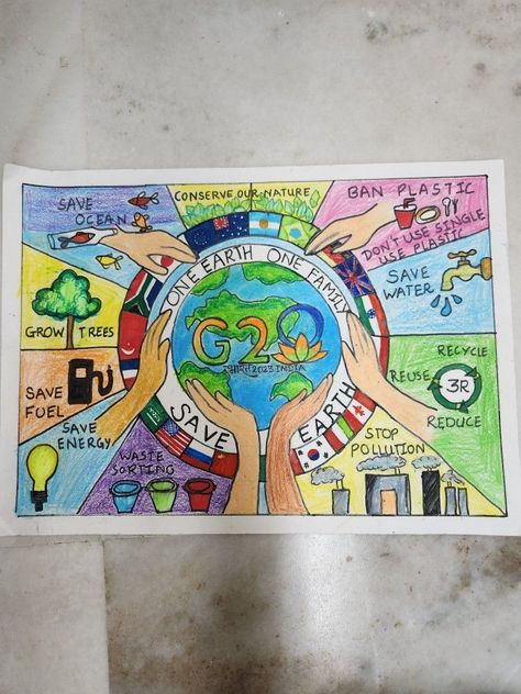 G20 Poster Drawing Competition Ideas, One Earth One Family One Future, G20 Painting, Future Of India Poster, Save Earth Posters For Competition, Poster On G20, G20 Poster Drawing, Poster Making Topics, Drawing Competition Poster