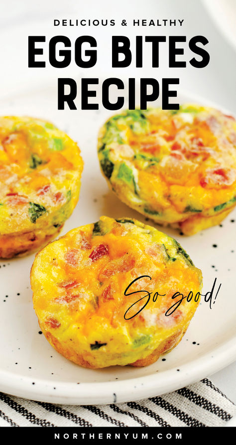 Egg bites are packed with protein and other nutrients, making them a healthy snack or meal option. They are ideal for meal prepping and can be stored in the fridge or freezer. You don’t need a special appliance like an Instant Pot or a sous vide device for this recipe, just a muffin tin and your oven! Join us here for this egg bites recipe. | Northern Yum Egg Bites Muffin Tin, Healthy Egg Bites, Easy Egg Bites, Egg Bites Recipe, Healthy Eggs, Muffin Tin Recipes, Breakfast Bites, Egg Muffins, Egg Bites