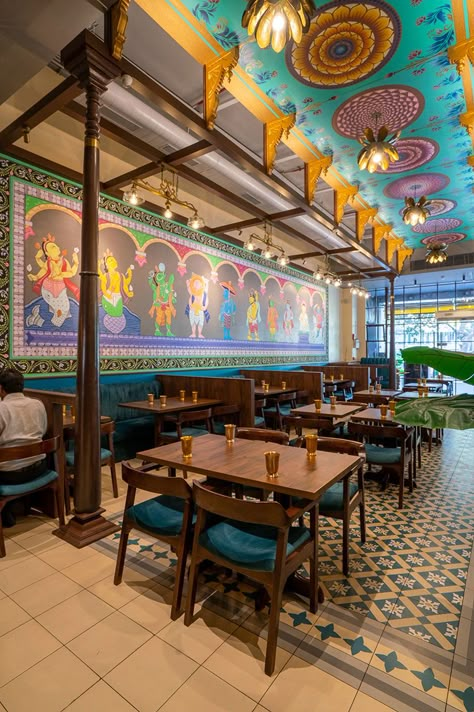 Small Indian Restaurant Design, Indian Restaurant Kitchen Design, Indian Restaurants Interior Design, Indian Restaurant Color Palette, India Restaurant Interior, Desi Restaurant Interior, Restaurant Wall Design Ideas Modern, Indian Restaurant Interior Design Modern, Indian Cafe Interior Design