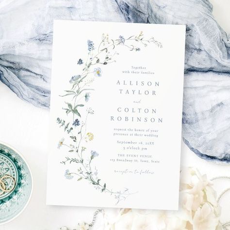 $2.04 | Elegant Dusty Blue Wildflower Rustic Boho Wedding - watercolor flower botanical greenery, simple delicate wildflower bloom, summer country garden wedding, modern spring rustic boho wedding, elegant floral fall wedding, romantic vintage winter wedding, colorful wild flower blossom, personalized affordable wedding invites, soft dusty blue pale yellow, pastel color sage green beige Spring Floral Wedding Invitations, Wedding Invitation Spring, Dusty Blue Wedding Invitations, Vintage Winter Weddings, Colorful Wedding Invitations, Rustic Boho Wedding, Country Garden Weddings, Summer Wedding Invitations, Affordable Wedding Invitations