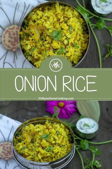 A simple rice recipe prepared with onion and flavored with fennel seeds and garam masala.  #onionrice #lunchboxrecipes #noleftovers #vengayasaadam #indianvegetarianrecipes #veganricerecipes via @srividhyam Onion Rice Recipe, Onion Rice, Indian Rice Recipes, Easy Vegetarian Dinner, Low Carb Vegetarian Recipes, Easy Rice Recipes, Vegan Lunch Recipes, Recipe Indian, Vegan Appetizers