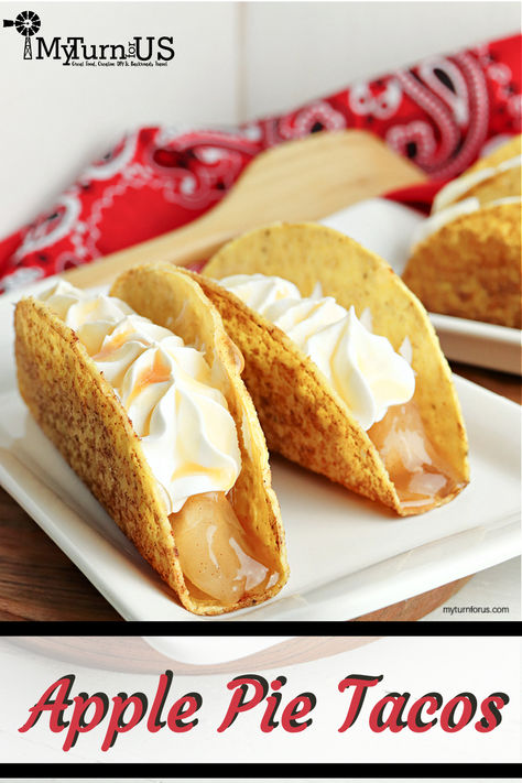 Make Apple pie tacos using these dessert cinnamon toast crunch taco shells. These caramel apple tacos are topped with whipped topping. #ApplePieTacos #AppleTacos #CinnamonToastCrunchTacoShells #CinnamonAppleTacos #CaramelAppleTacos #myturnforus Apple Tacos, Recipe For Apple Pie, Dessert Cinnamon, Gluten Free Apple Recipes, Wacky Cake Recipe, Apple Pie Tacos, Dessert Taco, Apple Ideas, Wacky Cake