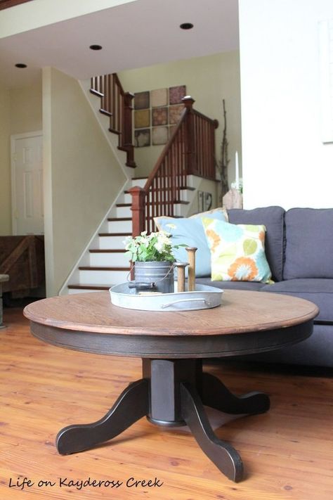 Decorating on a budget is awesome with this repurposed dining to coffee table project. Check out the before and after and be amazed how you can decorate your home in rustic farmhouse style like it was done by Joanna Gaines herself. #diy #farmhouse #table #makeover Round Farmhouse Coffee Table, Coffee Table Upcycle, Ikea Lack Table, Coffee Table Makeover, Farmhouse Coffee Table, Live Edge Furniture, Rattan Coffee Table, Vintage Farmhouse Decor, Coffee Table Farmhouse