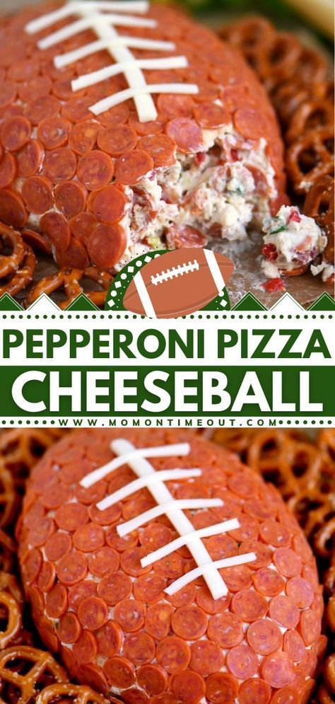 Football Cheese Ball Recipes, Best Snacks For Football Players, Pepperoni Football Cheeseball, Football Cheeseball Recipes, East Football Snacks, Georgia Bulldog Appetizers, Bengals Football Food, Saturday Football Food, Superbowl Cheeseball